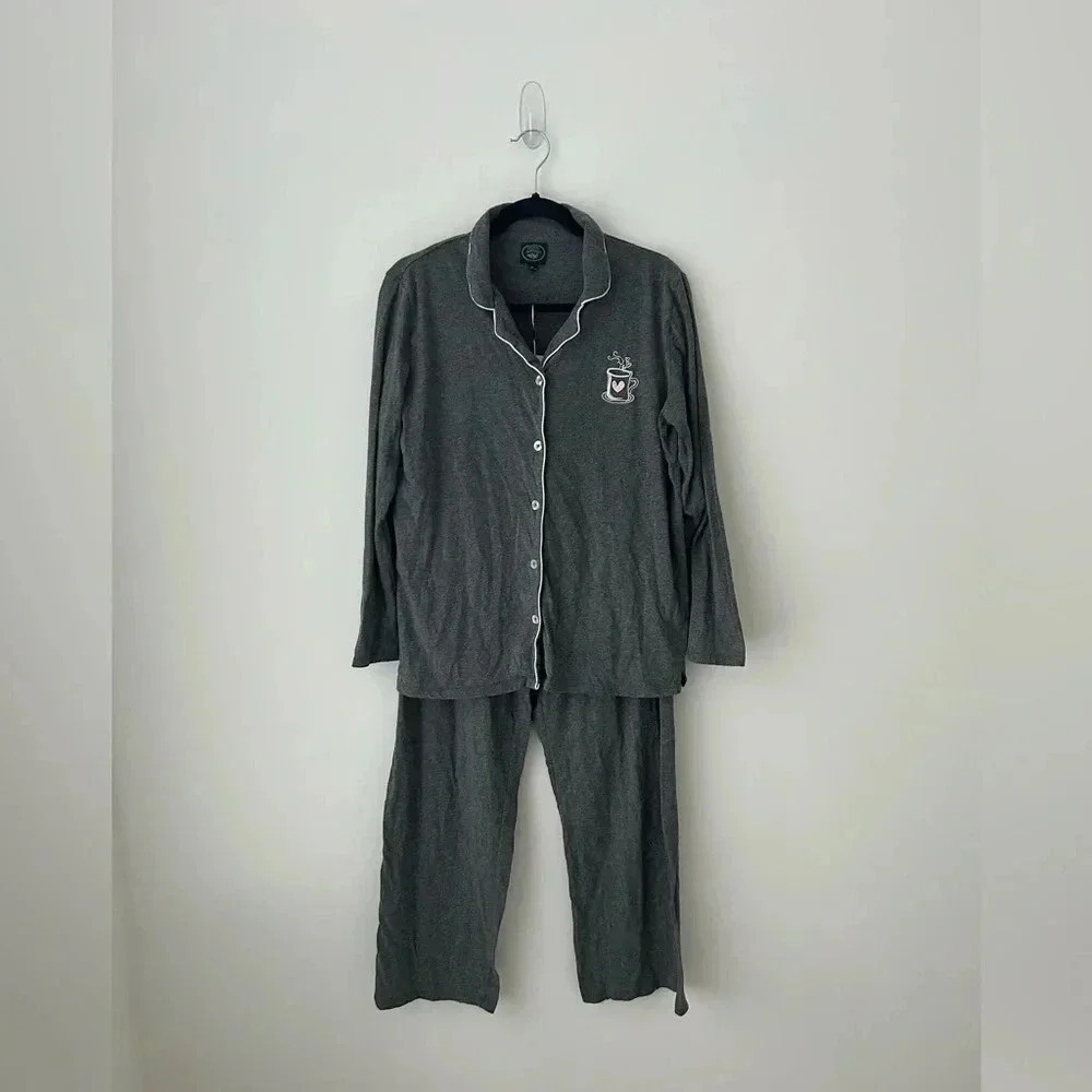 Laura Ashley Grey Pajama Set 2 Piece Button Front Lounge Sleepwear Women’s M